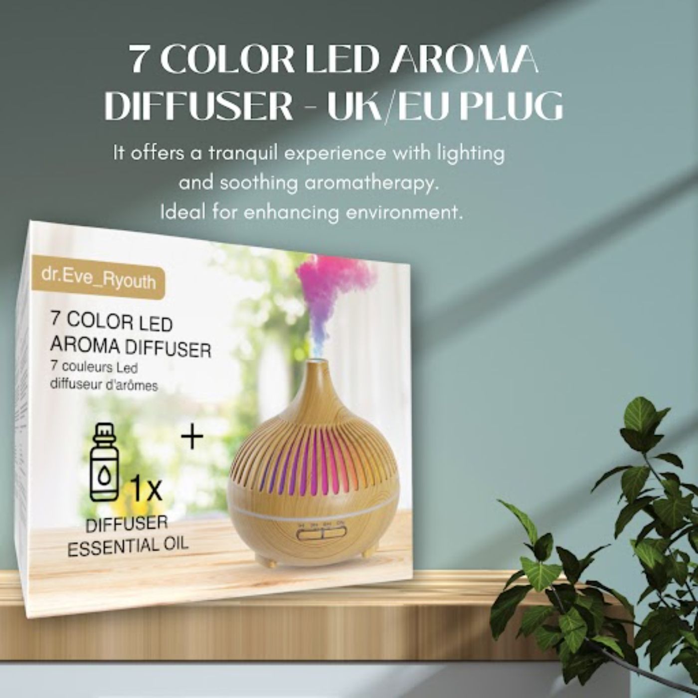 Verpackung eines 7-farbigen LED-Aromadiffusors mit ätherischem Öl.