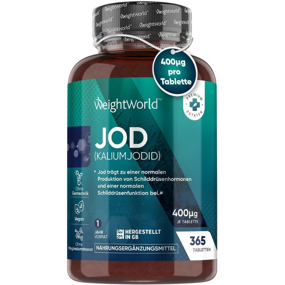 Braune Flasche mit Tabletten. Aufschrift: WeightWorld Jod (Kaliumjodid). 365 Tabletten. 400µg pro Tablette.