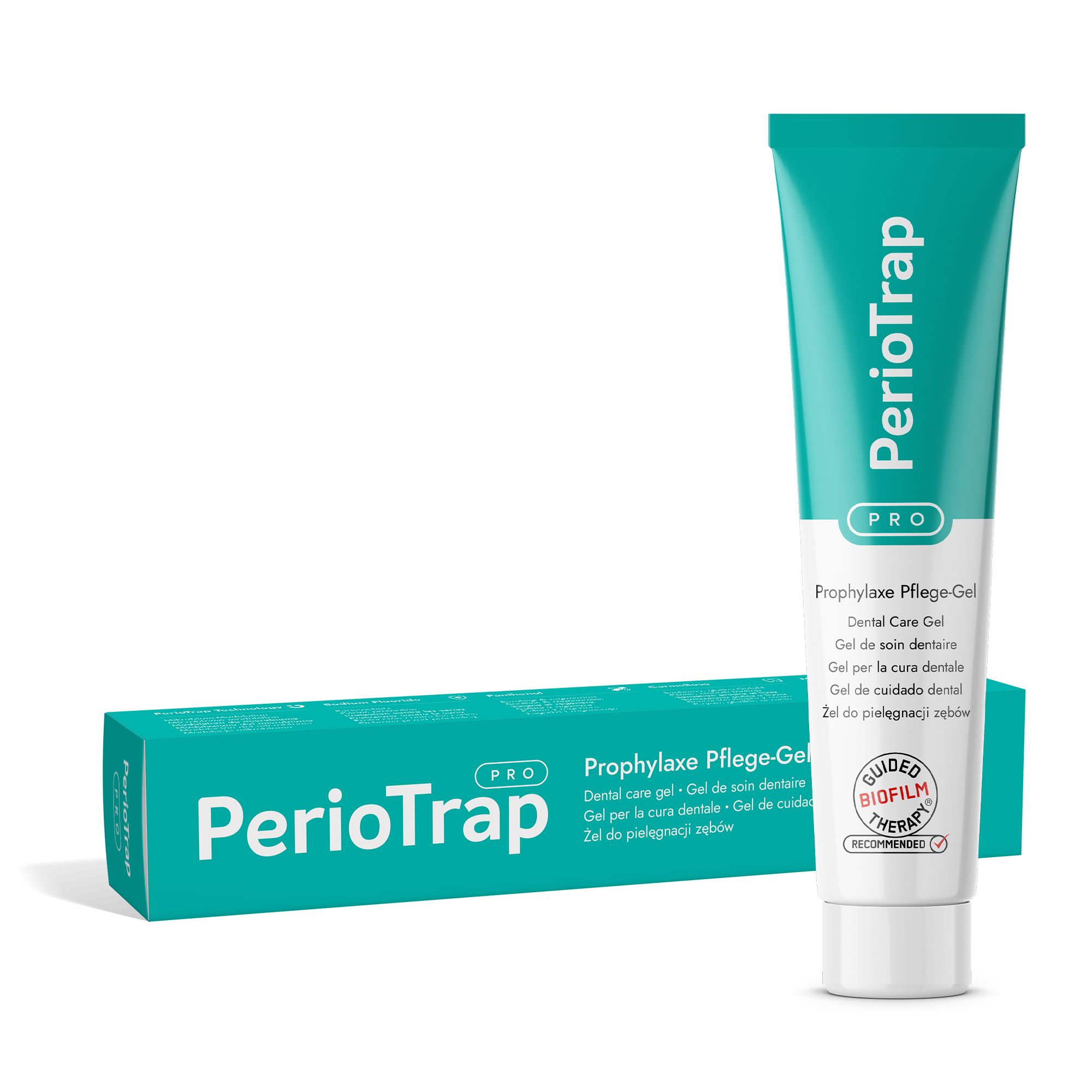 PerioTrap Prophylaxe Pflege-Gel in einer Tube und Faltschachtel. Beschriftung: PerioTrap PRO, Dental Care Gel.