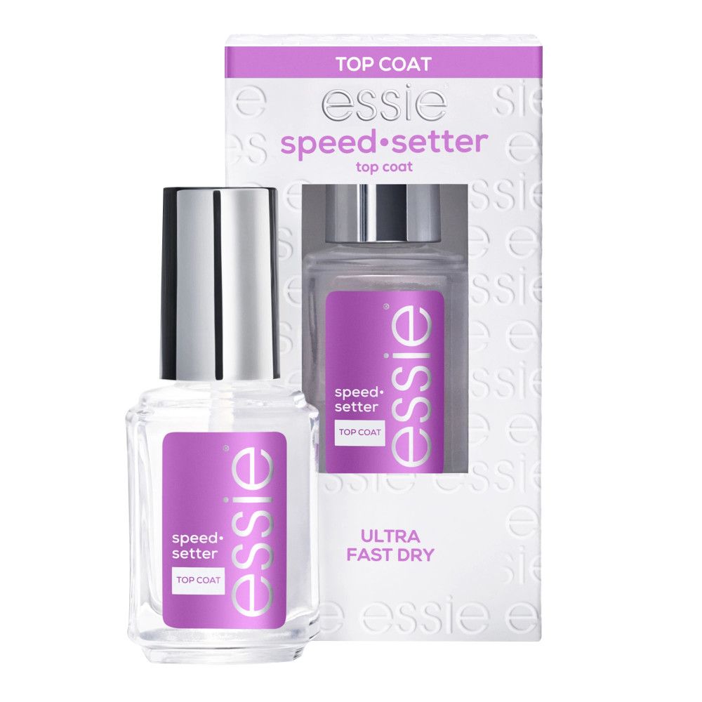 Essie Speed-Setter Top Coat. Flasche mit silbernem Deckel und lila Etikett. Verpackung mit Produktabbildung und Text.