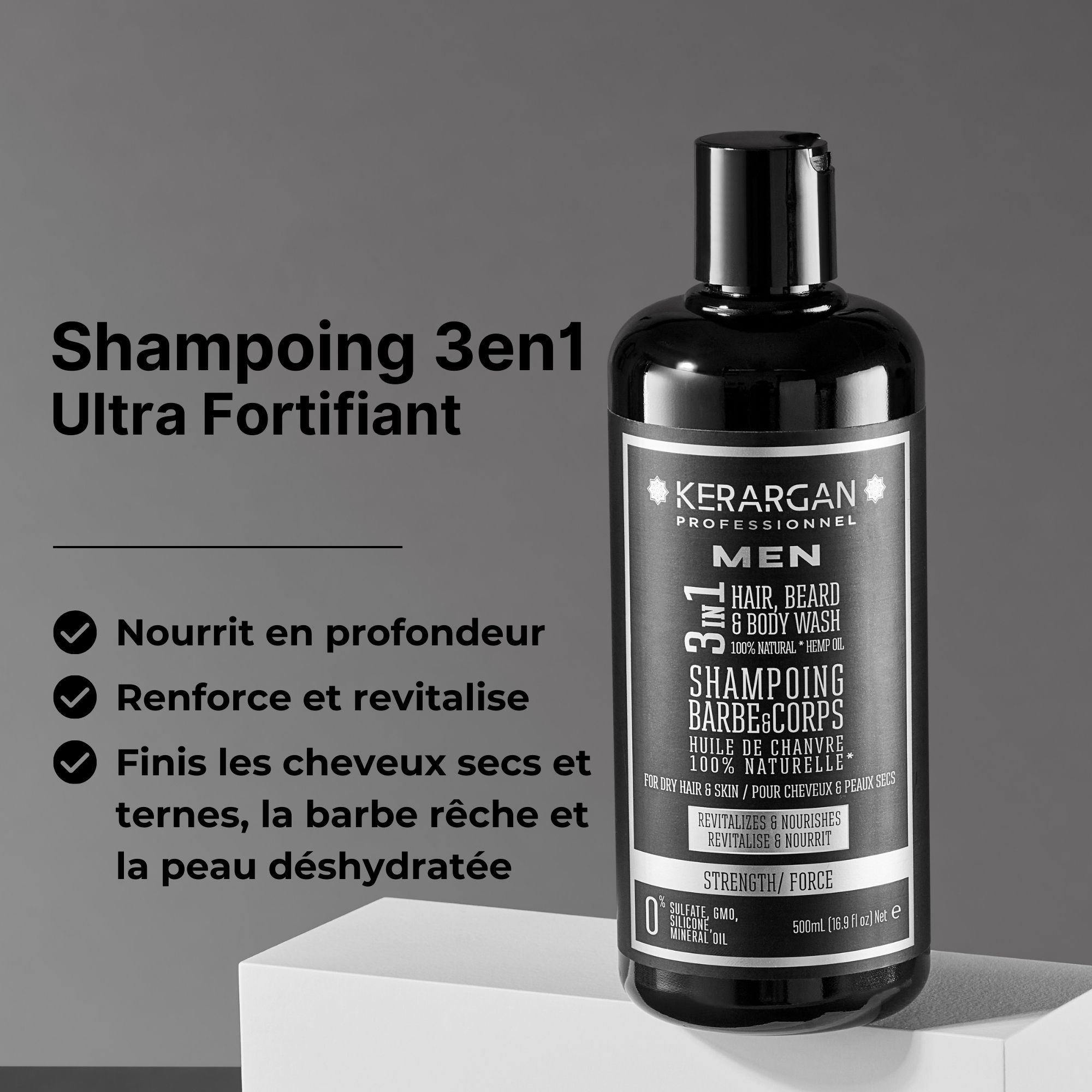 Flacon de shampooing noir. Texte : Kerargan, Men, 3en1 Hair, Beard & Body Wash. Ultra Fortifiant. Huile de chanvre.
