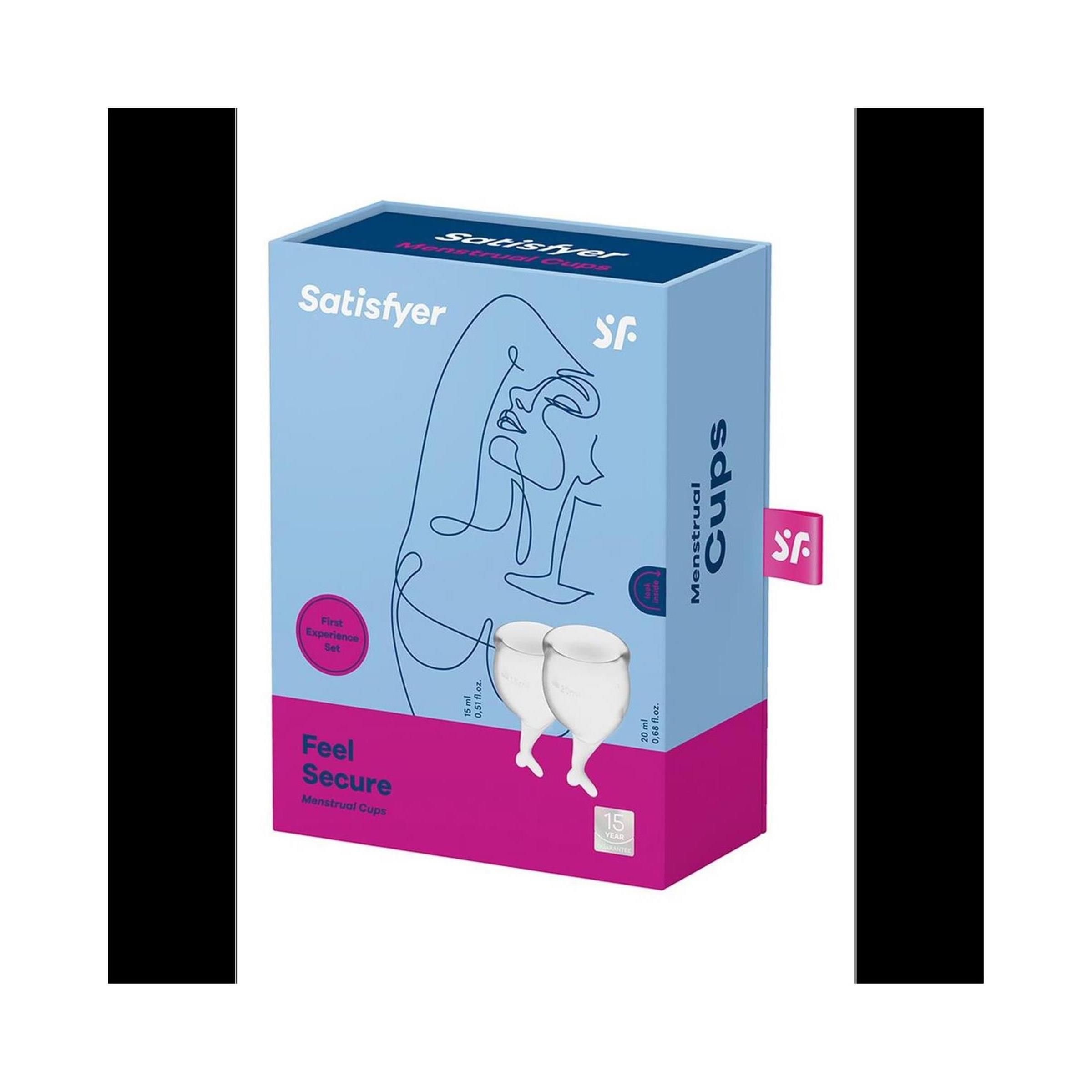 Verpackung mit Produktname und Logo. Rosa und hellblaue Box mit Menstruationstasse-Illustration. Produktname: Satisfyer Feel Secure Cups.