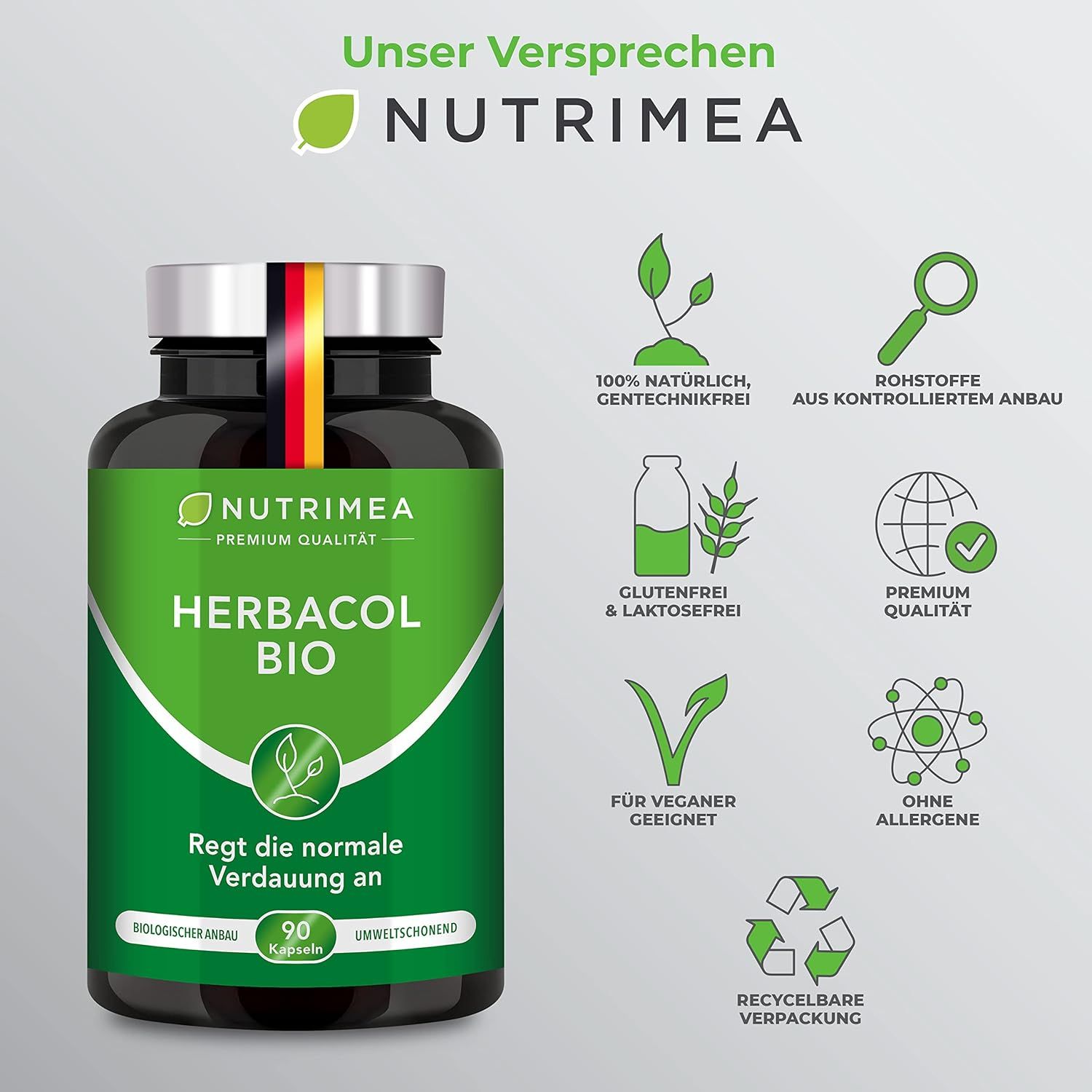 HERBACOL BIO-Flasche mit Icons: natürlich, gentechnikfrei, kontrollierter Anbau, glutenfrei, vegan, ohne Allergene, recycelbar. 90 Kapseln.