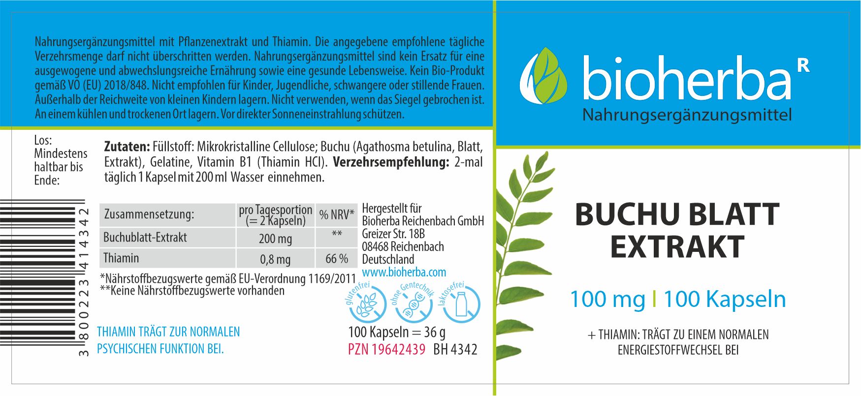 Etikett mit Produktinformationen: Bioherba Buchu Blatt Extrakt Kapseln. Enthält 100 Kapseln. Angaben zu Inhaltsstoffen und Dosierung.
