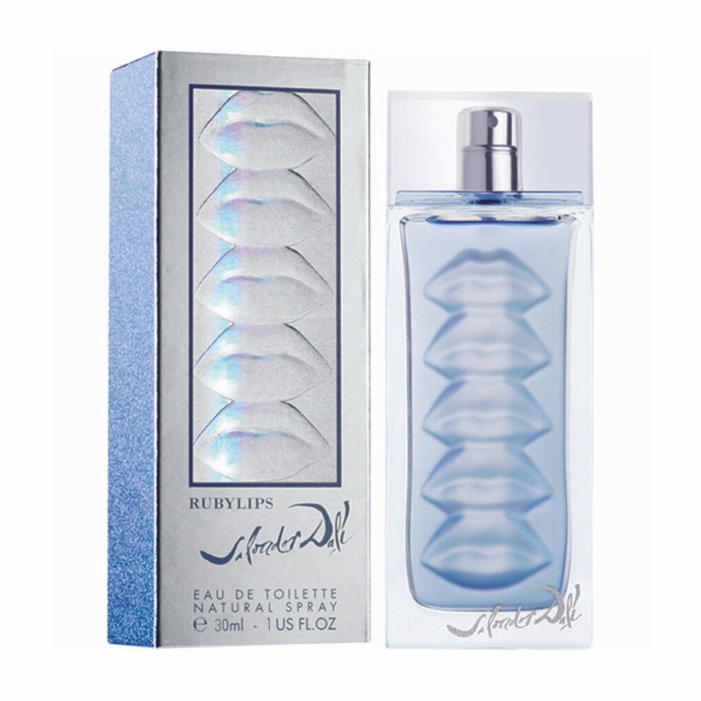 Eau de Rubylips Flakon und Verpackung. Flakon mit Lippen-Design. Verpackung mit Lippen-Motiv und Logo. Silberner Verschluss.
