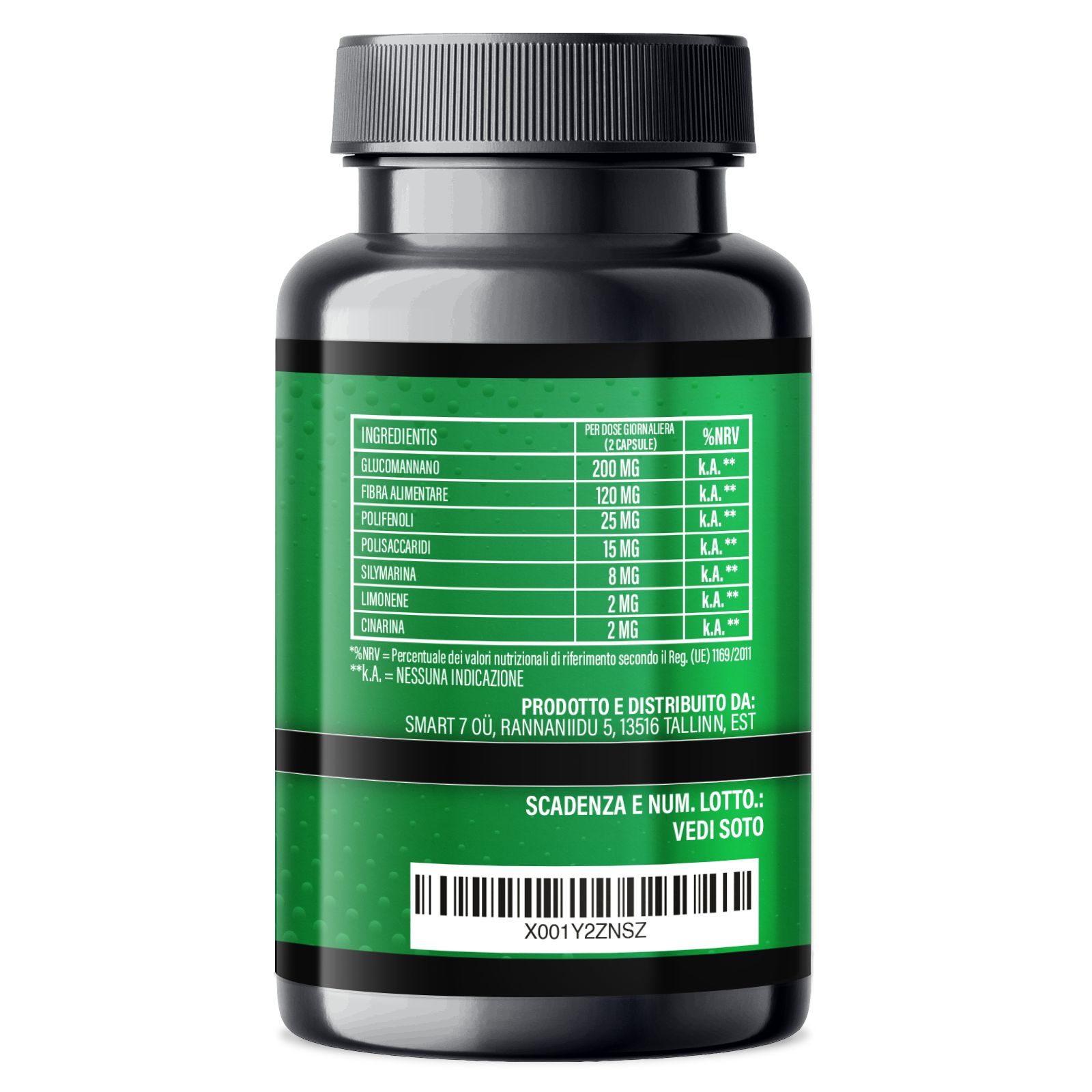 Retro del flacone di capsule. Testo verde su sfondo bianco. Tabella nutrizionale. Scadenza. Prodotto in Estonia.