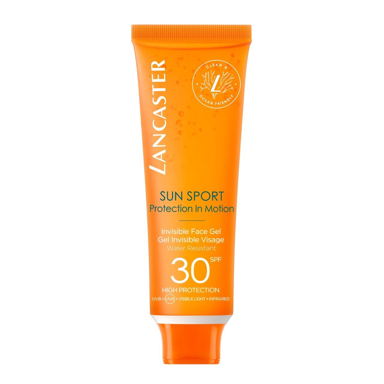 Orange Tube mit Lancaster Sun Sport Invisible Face Gel SPF30. Vegan-Formel. Wasserfest.