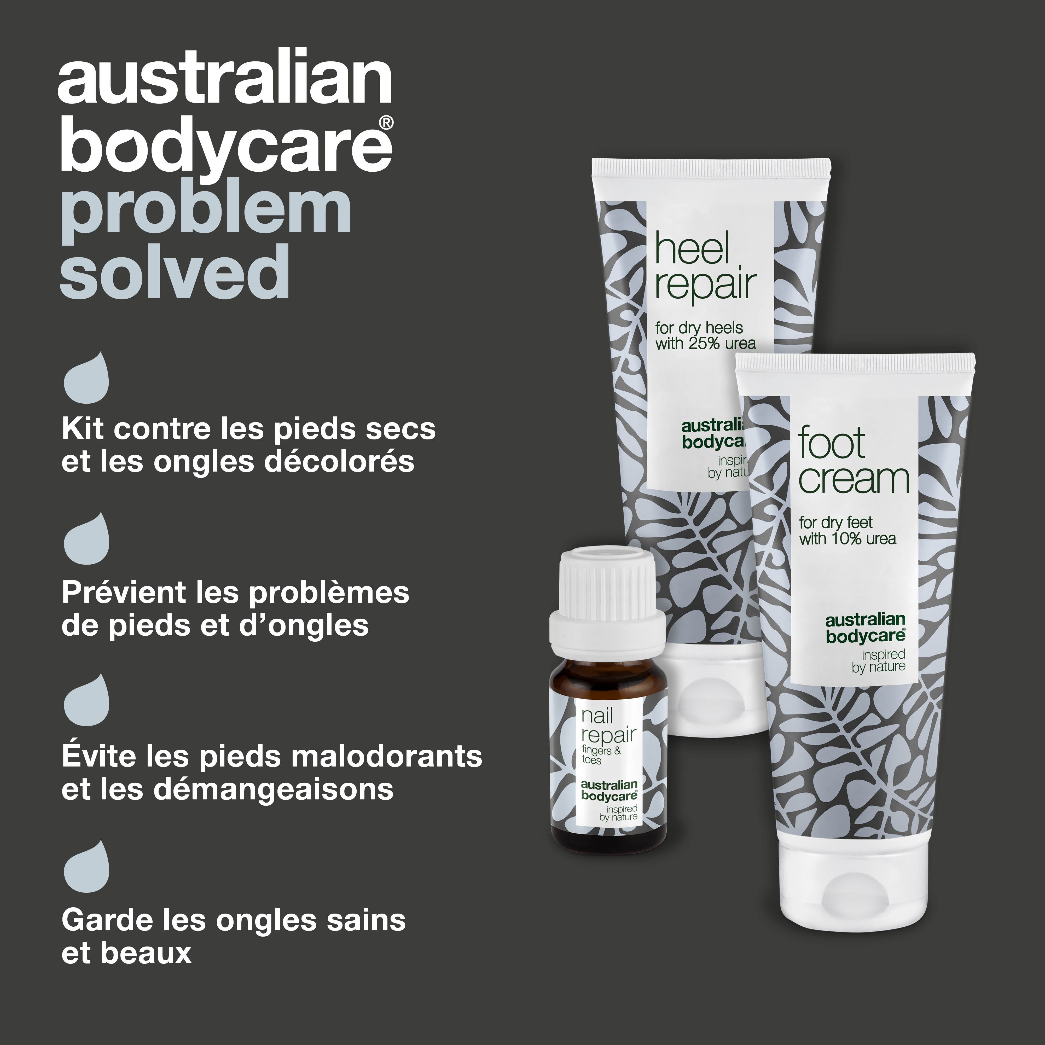 Trois produits : Heel Repair, Foot Cream, Nail Repair. Inscription : Australian Bodycare. Texte : Problème résolu.