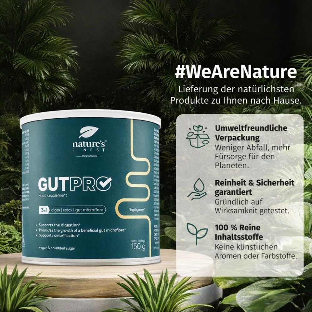 Dose Nature's Finest GutPRO. Text: 150g, vegan, ohne Zucker. Logo: Blatt. Schriftzug: Nature's Finest. Text: Umweltfreundliche Verpackung, Reinheit & Sicherheit.