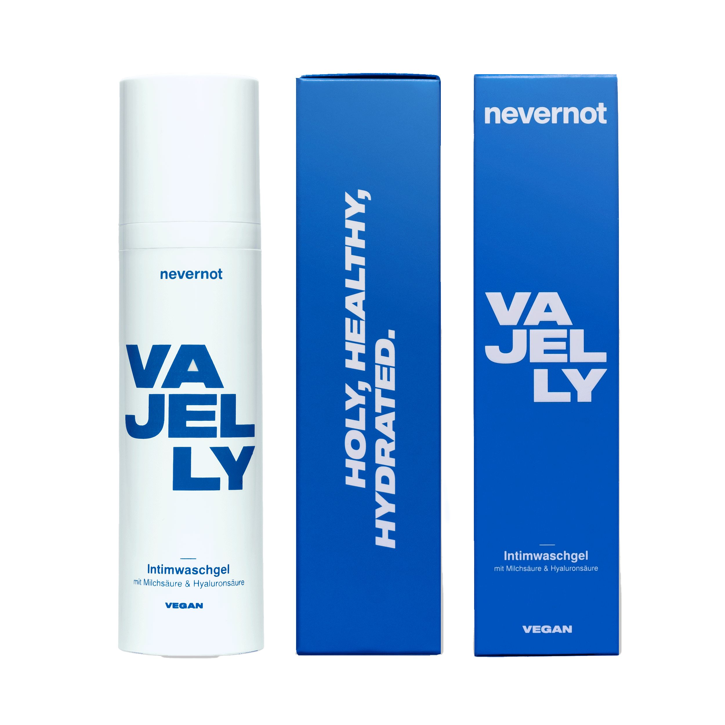 Weißes nevernot VAJELLY Intimwaschgel, blaue Verpackung. Text: HOLY, HEALTHY, HYDRATED. Vegan.