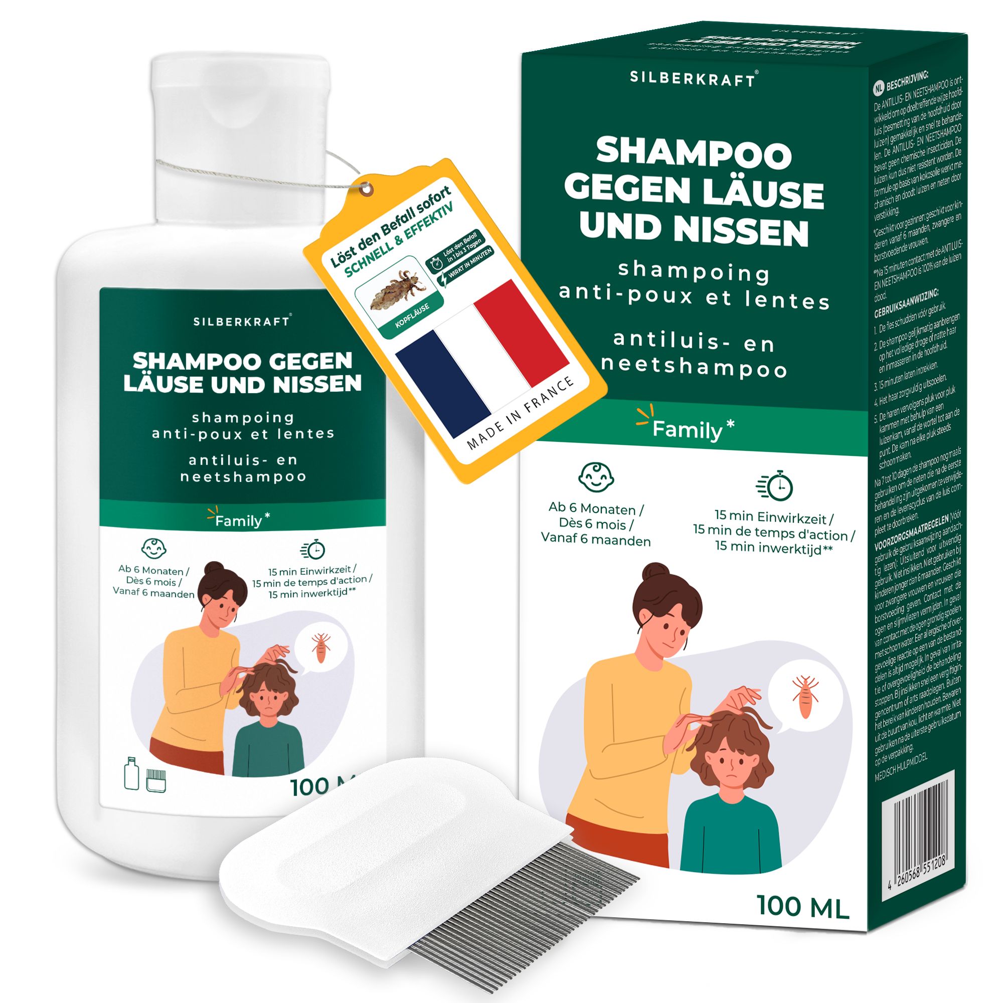 SILBERKRAFT Läuseshampoo-Flasche, Schachtel, Kamm. Aufschrift: Shampoo gegen Läuse und Nissen. Made in France-Etikett.