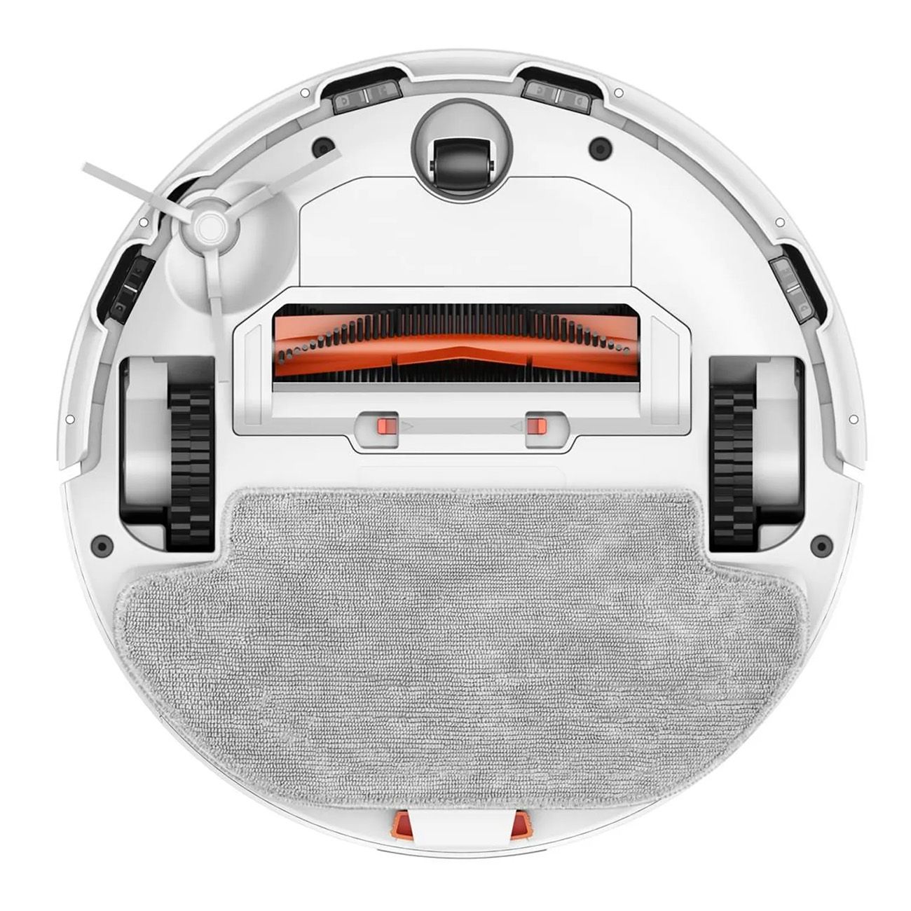 Unterseite eines weißen Roboterstaubsaugers. Bürste, Wischtuch und Räder sichtbar.
