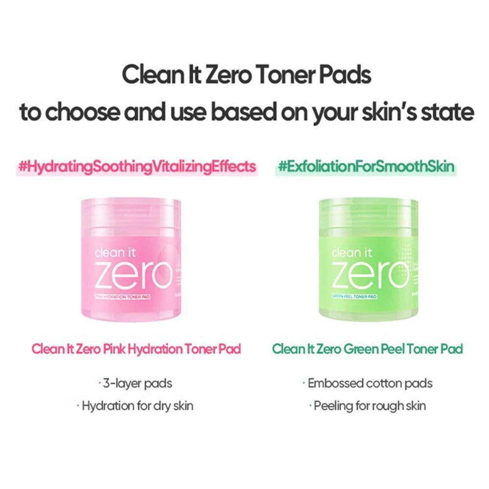 Zwei Behälter: Pink Hydration Toner Pad und Green Peel Toner Pad. Text: Clean it Zero Toner Pads.