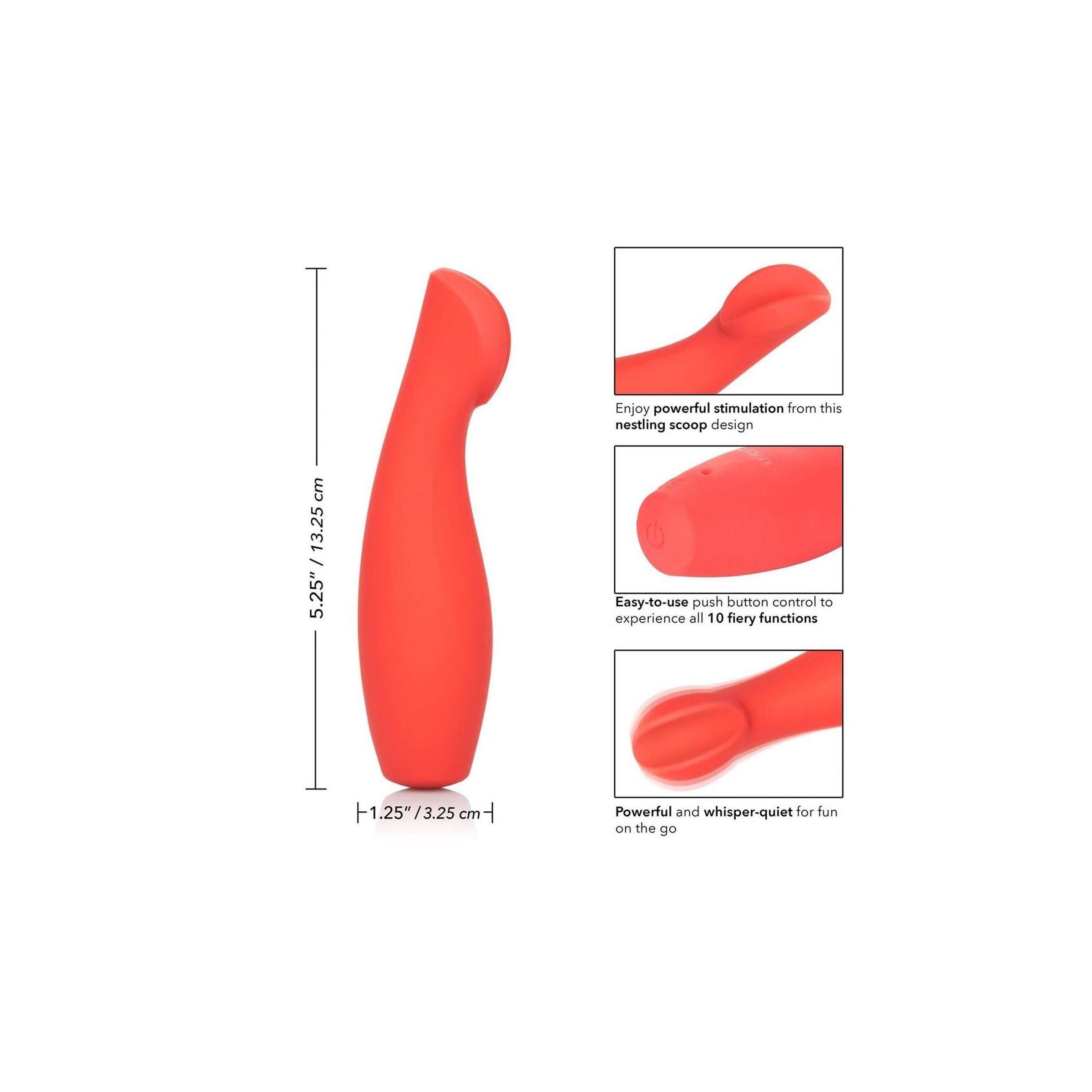 Roter Vibrator mit Nest-Design. Maße: 5,25" x 1,25". Enthält 10 Funktionen. Abgebildet sind Details und Maße.