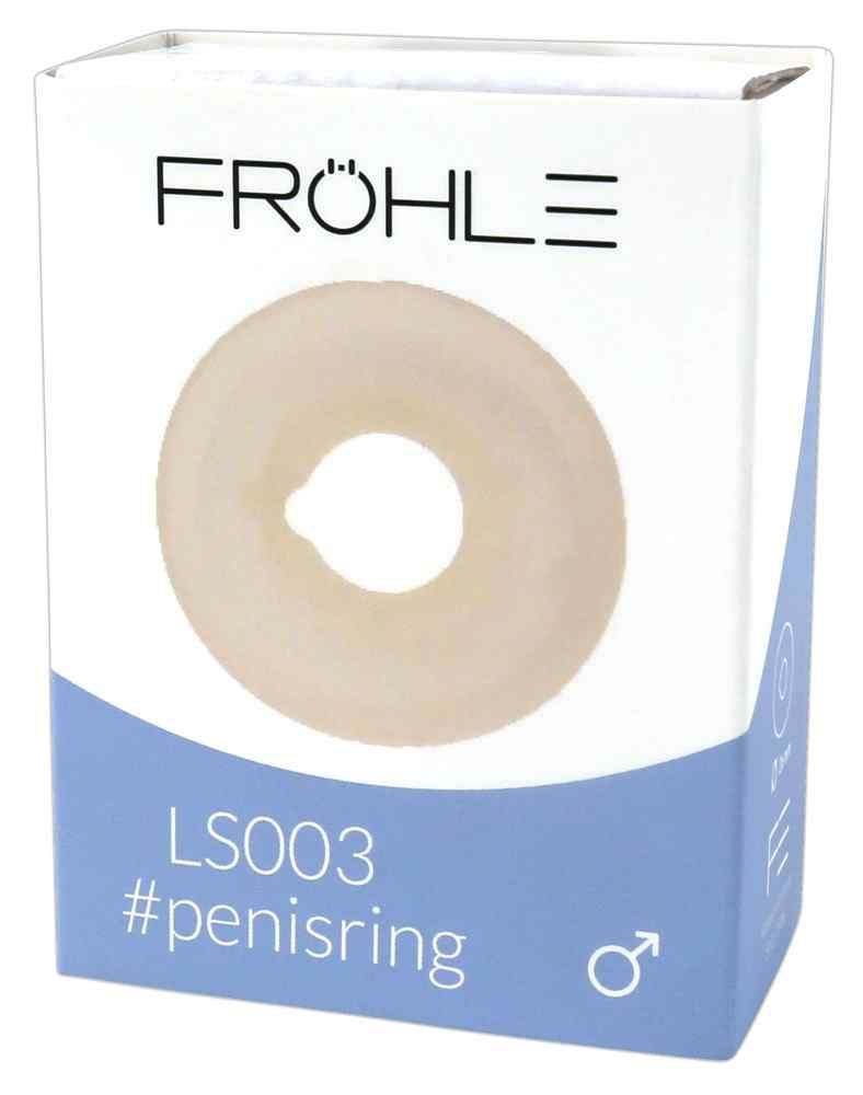 Produktverpackung mit einem Ring. Aufschrift: Fröhle, LS003, #penisring. Männliches Symbol.