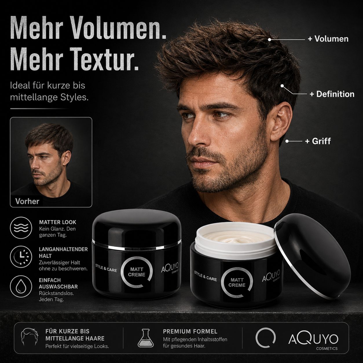 Mann mit voluminöser, texturierter Frisur. Produkt im Tiegel und offen.