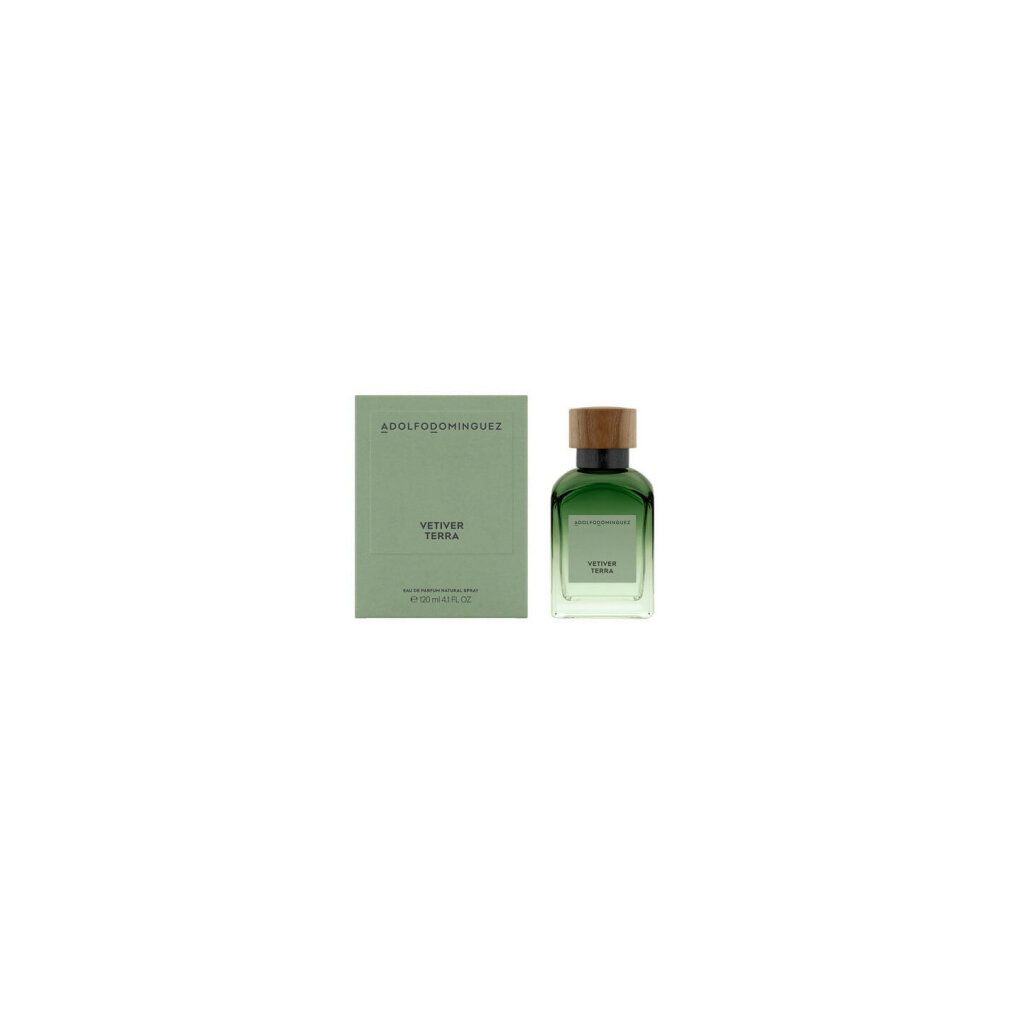 Grüne Flasche und Schachtel. Aufschrift: ADOLFODOMINGUEZ, VETIVER TERRA. Holzdeckel. Eau de Parfum Spray.