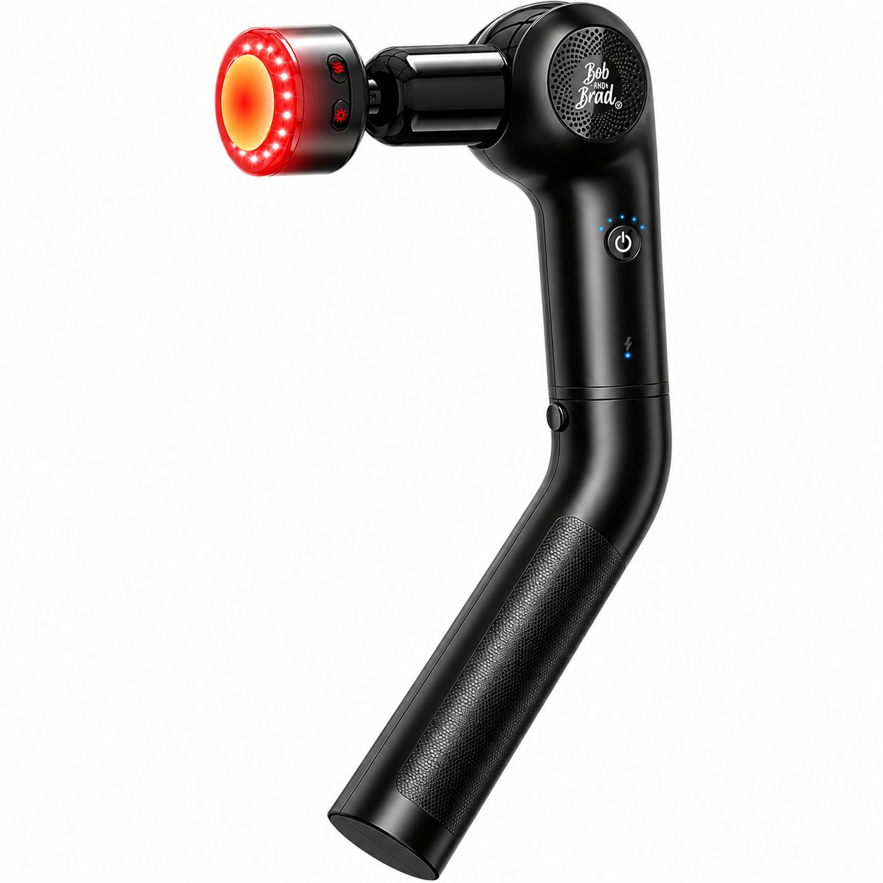 Schwarze Massagepistole mit rotem Lichtaufsatz und silbernen Bedienelementen.