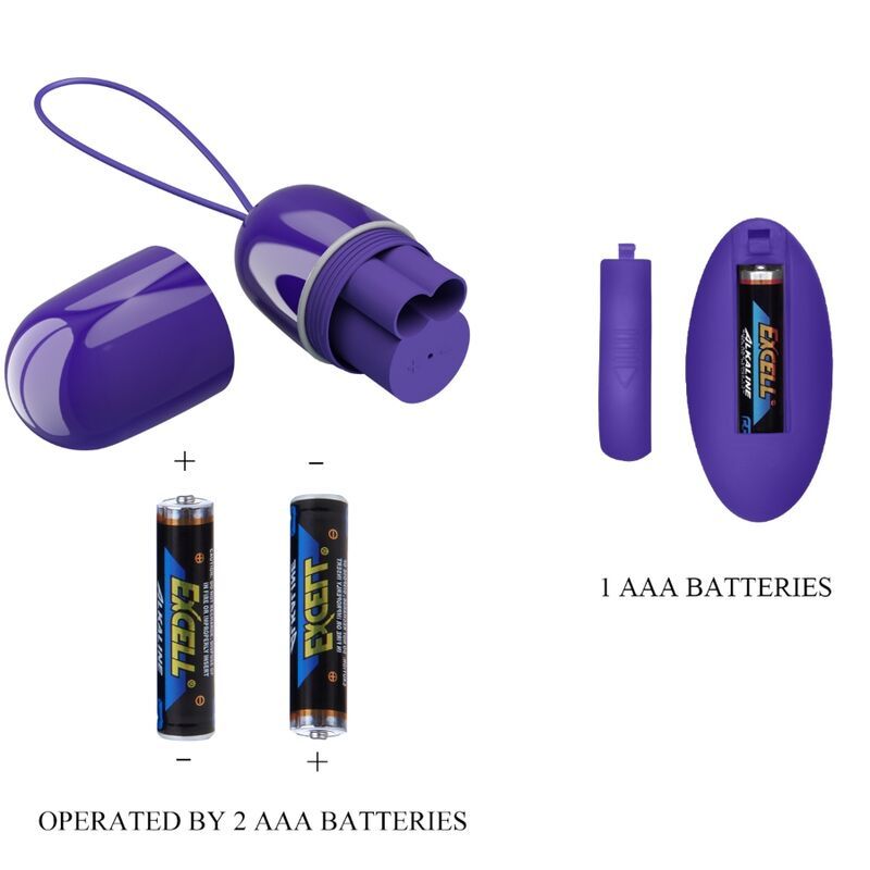 Lila Ei, Fernbedienung, Batterien. 2 AAA-Batterien für das Ei, 1 AAA-Batterie für die Fernbedienung.