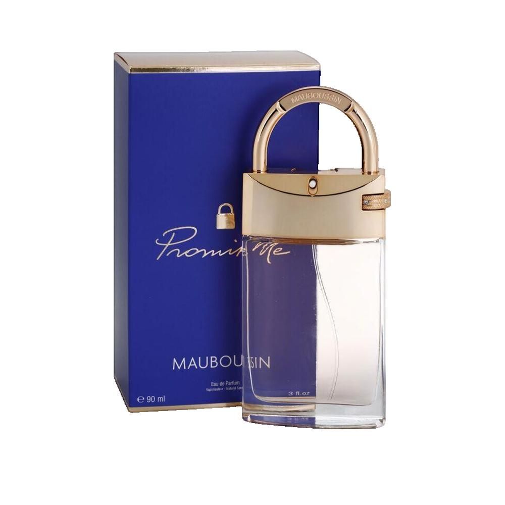 Blau-goldene Verpackung und Flakon. Flakon mit goldfarbenem Verschluss. Aufschrift: Promise Me, Mauboussin.