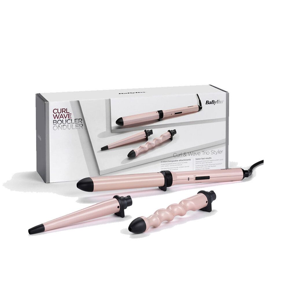 Lockenstab-Set mit drei Aufsätzen und Verpackung. Rosa-schwarze Geräte. Aufschrift: Curl Wave Boucler Onduler.