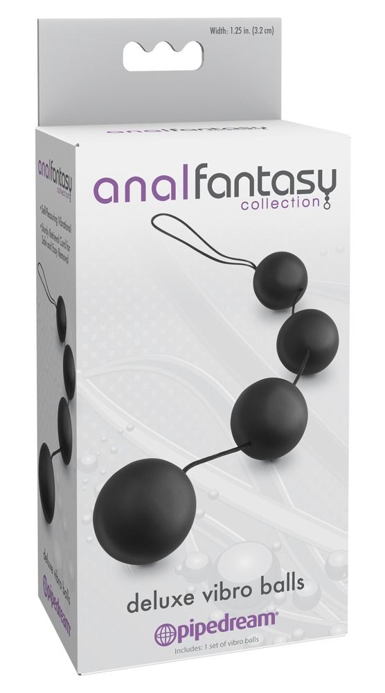 Verpackung mit Produkt. Aufschrift: Anal Fantasy Collection, Deluxe Vibro Balls. Marke: pipedream. Produkt mit vier schwarzen Kugeln.