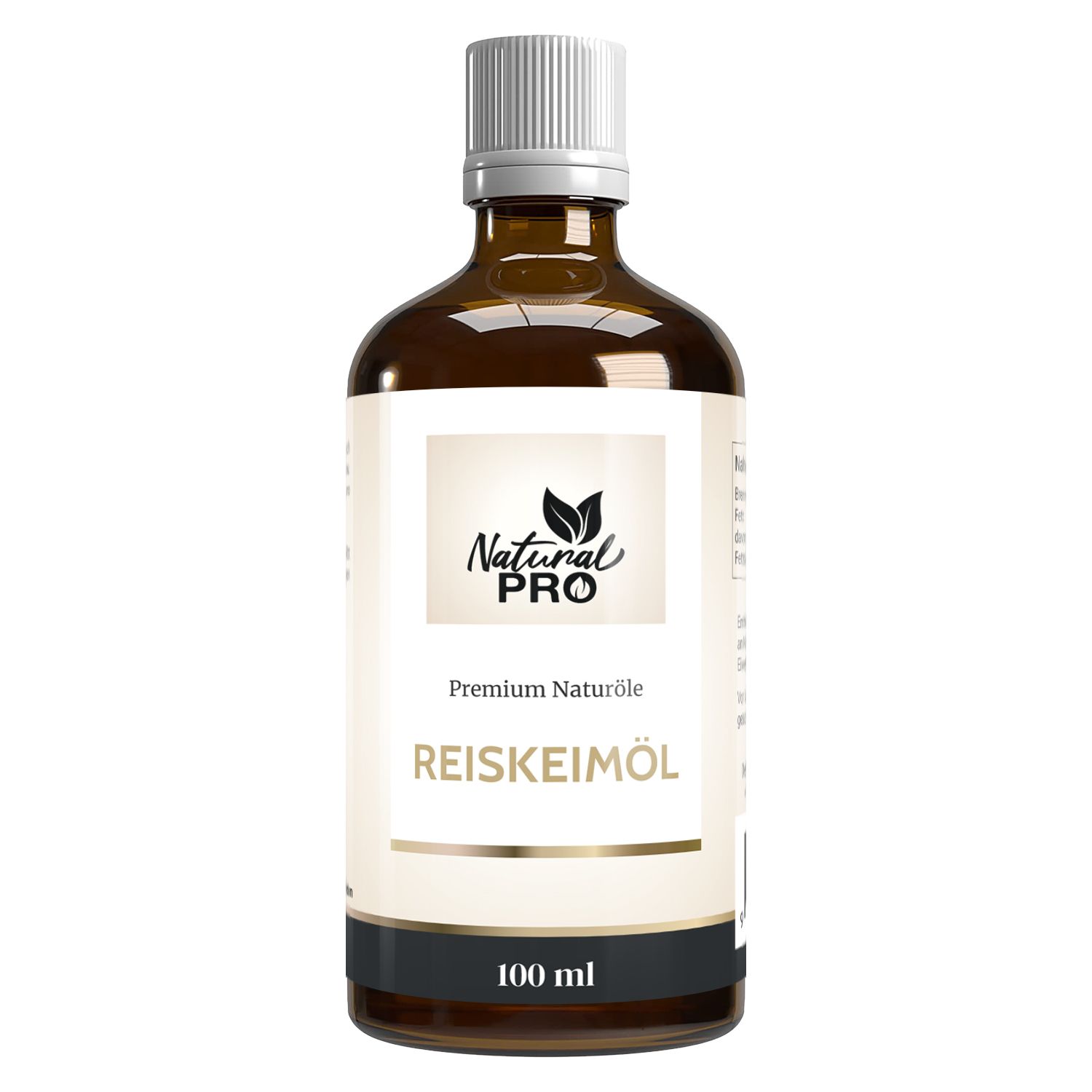 Braune Glasflasche mit weißem Etikett. Aufschrift: Natural PRO, Reiskeimöl, 100 ml.