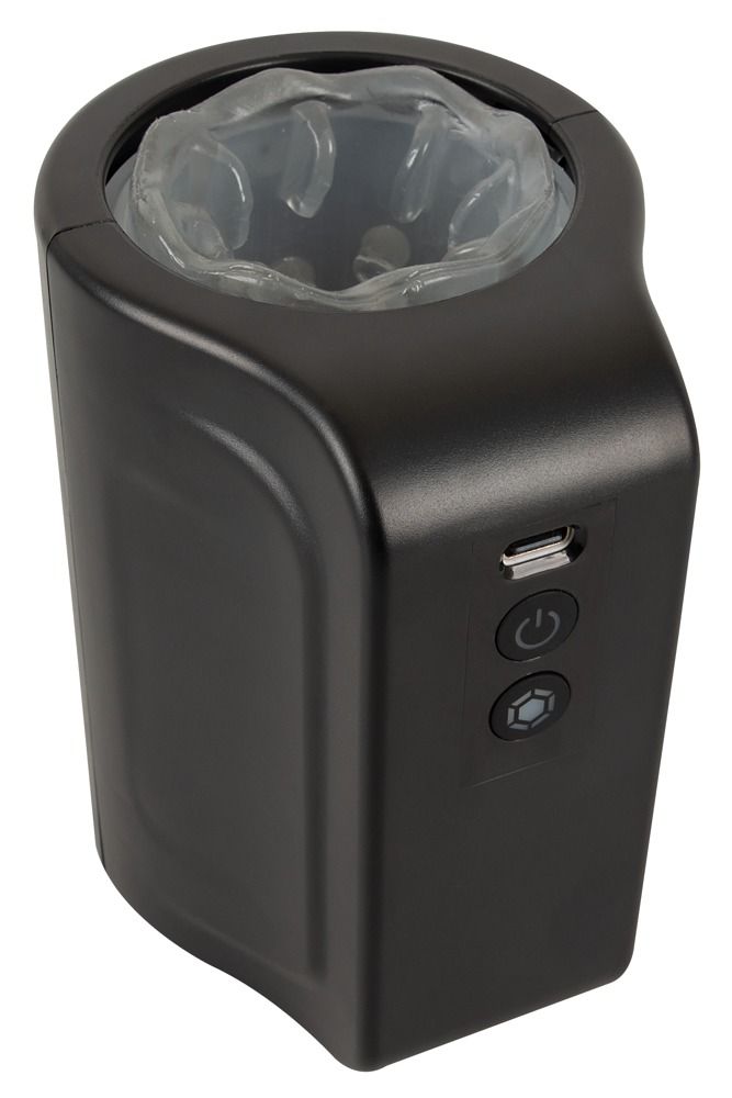 Schwarzes, zylindrisches Gerät mit USB-Anschluss und Bedienelementen. Innen transparentes Material sichtbar.