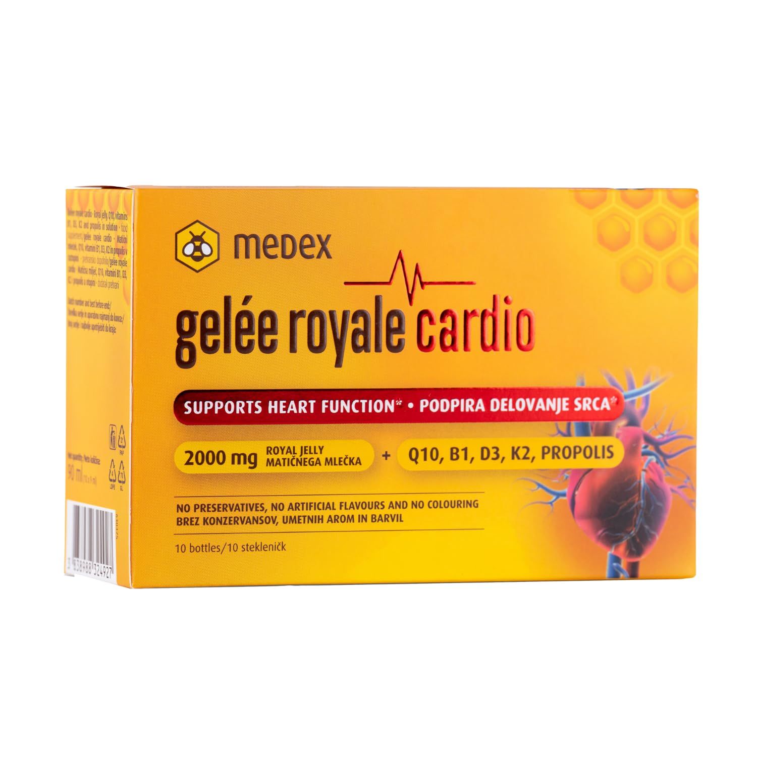 Kartonverpackung Gelée Royale Cardio. Enthält 10 Ampullen. Produktinformationen und Inhaltsstoffe sind sichtbar.