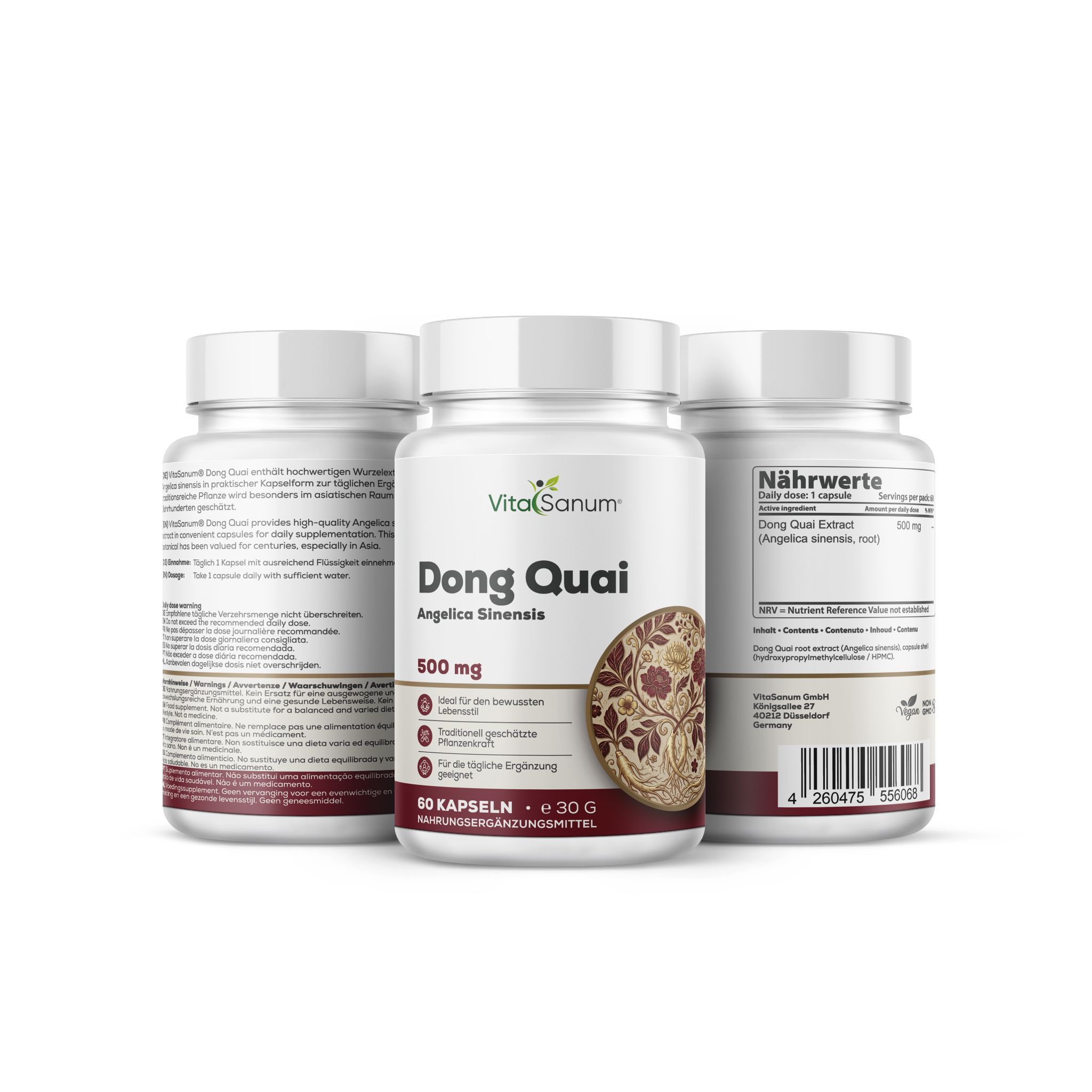 Drei Flaschen VitaSanum Dong Quai Kapseln, 500 mg, 60 vegane Kapseln pro Flasche.