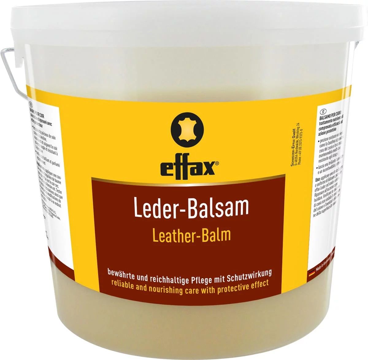 Effax Leder-Balsam in einem weißen Eimer mit gelbem Etikett. Enthält Pflegehinweise und Markenschriftzug.