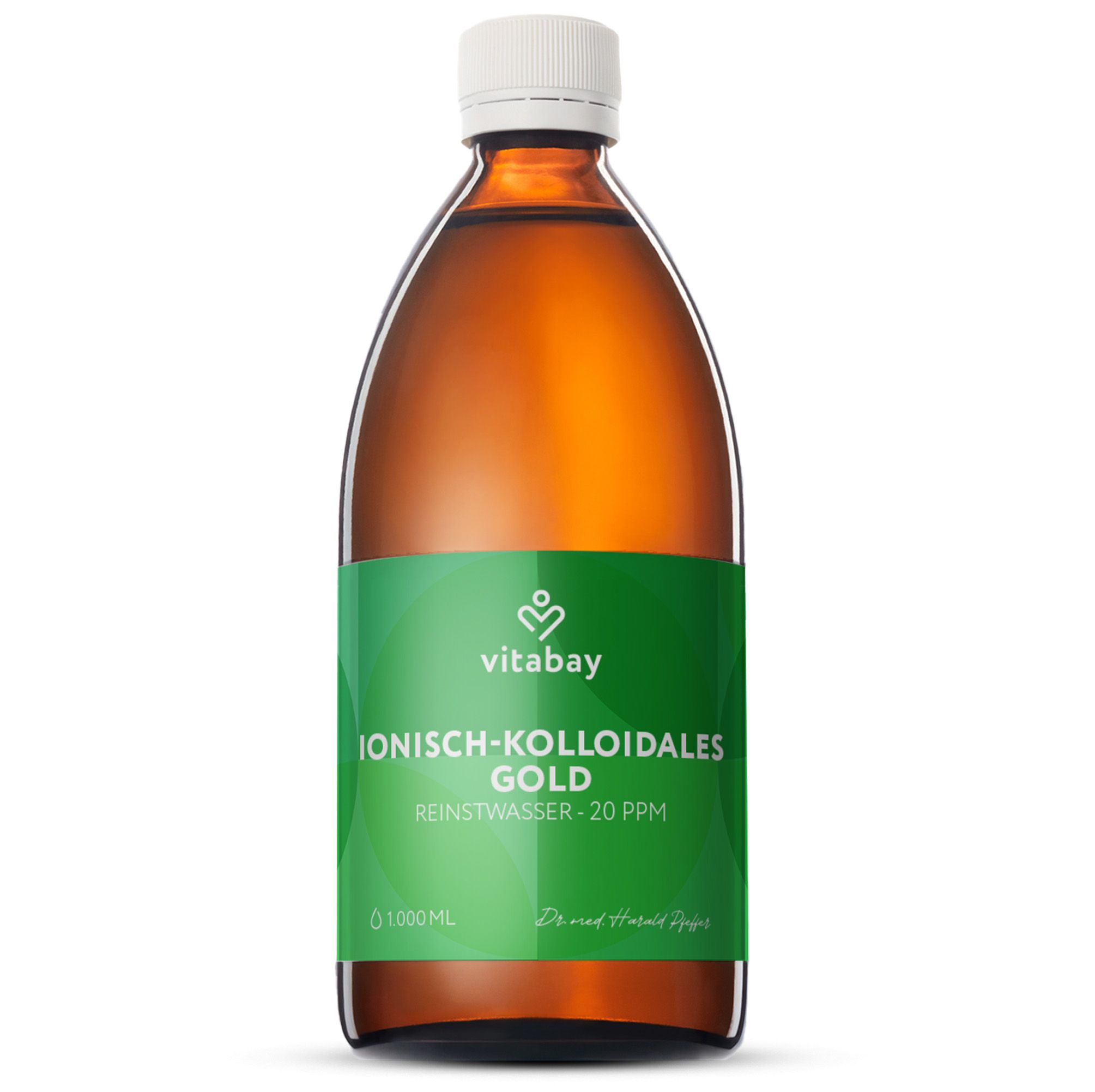 Flasche mit Flüssigkeit. Vitabay Logo. Etikett: Ionisch-kolloidales Gold, 20 PPM, 1000 ml.