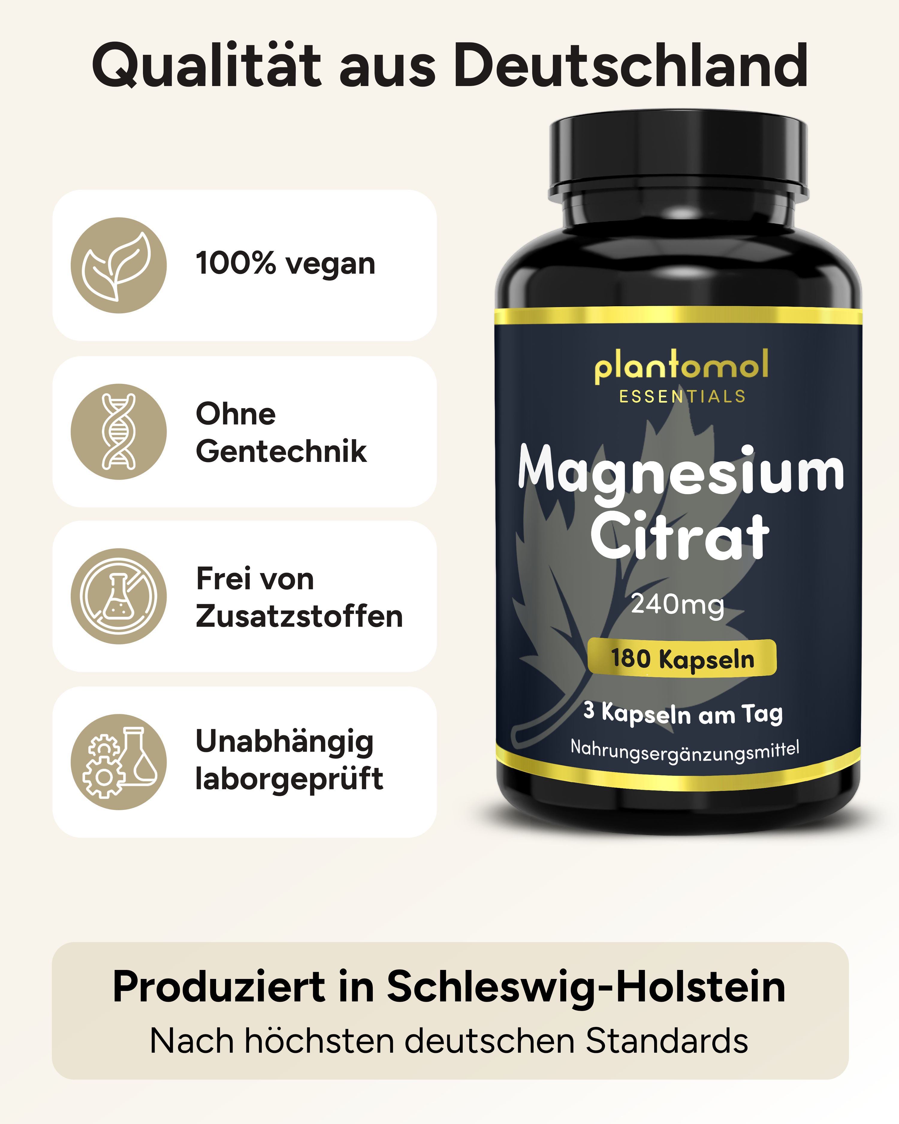 Schwarze Flasche plantomol® Essentials Magnesium Citrat. 240mg, 180 Kapseln. 3 Kapseln täglich. Qualität aus Deutschland. Vegan.