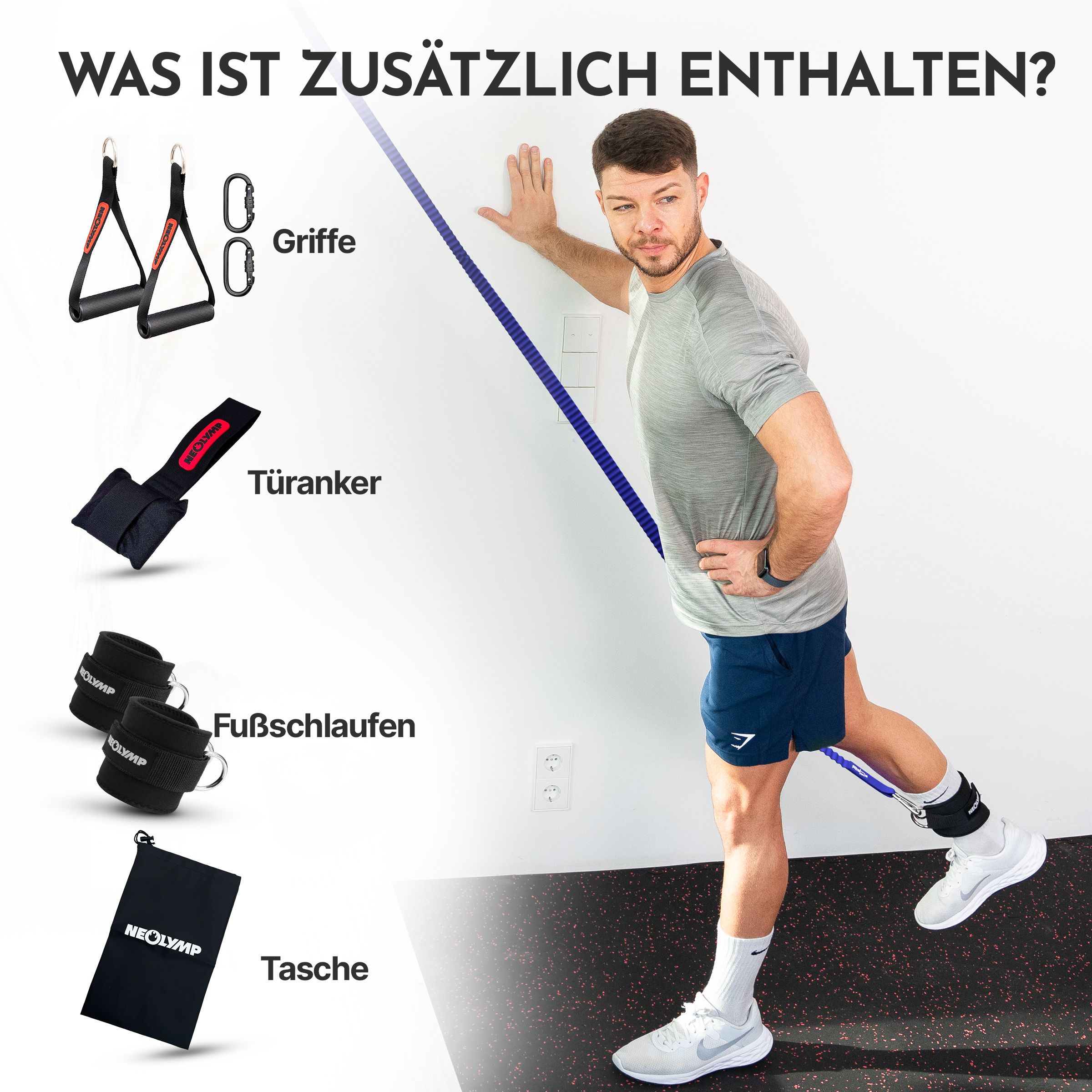 Zubehör für Widerstandsbänder: Griffe, Türanker, Fußschlaufen, Tasche. NEOLYMP-Logo. Mann trainiert mit blauem Band.