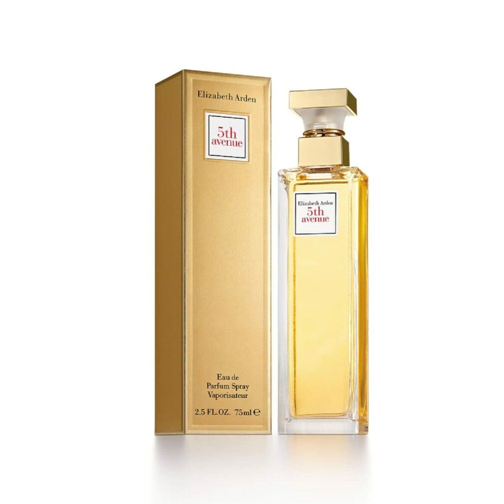 Flakon und Verpackung. Goldfarbene Verpackung mit Flakon. Auf dem Etikett steht "5th avenue".