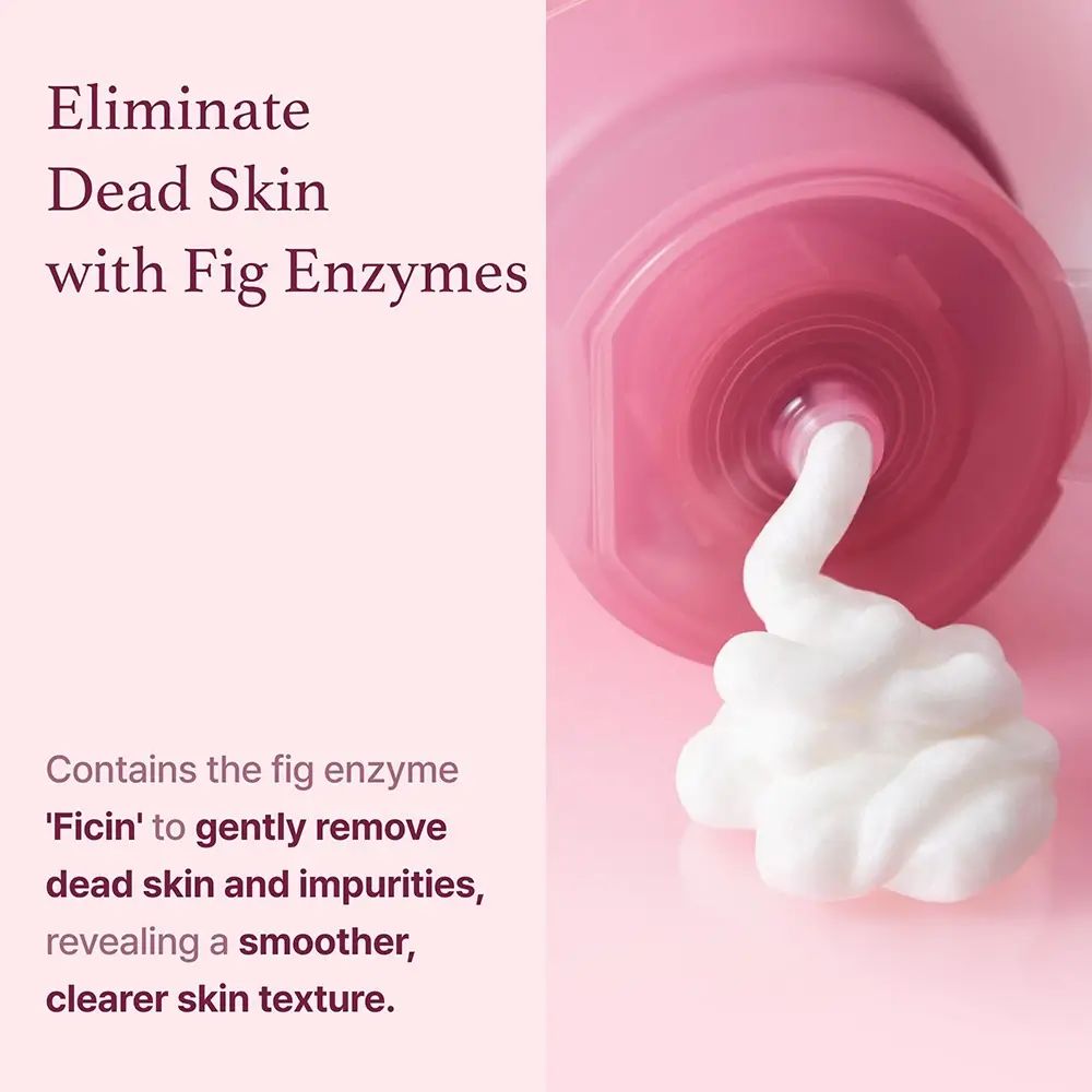 Schaum aus Tube. Text: 'Eliminate Dead Skin with Fig Enzymes'.
