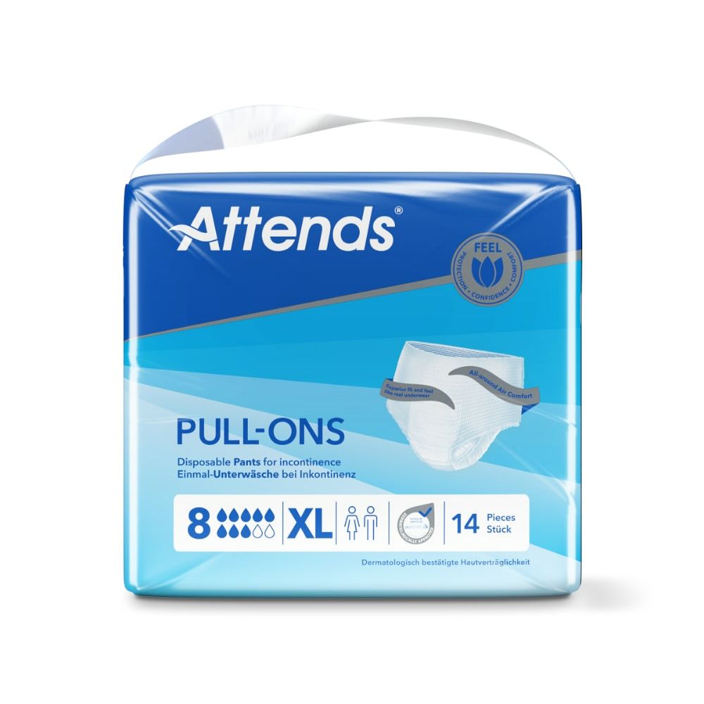 Attends® Pull-Ons XL Einmalhosen in Verpackung. 14 Stück. Blaue Verpackung mit Produktabbildung und Logo. Saugstärke 8 Tropfen.
