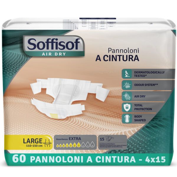 Soffisof Inkontinenzschutz mit Hüftbund Extra. Weiße Windel mit Hüftbund, in Verpackung. Größe Large, 110-150 cm.