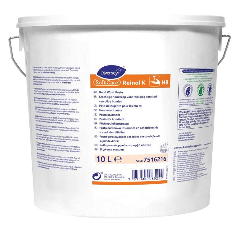 Weißer Eimer mit SoftCare Reinol K. Aufschrift: Hand Wash Paste. 10 L. Diverse Zertifizierungen.