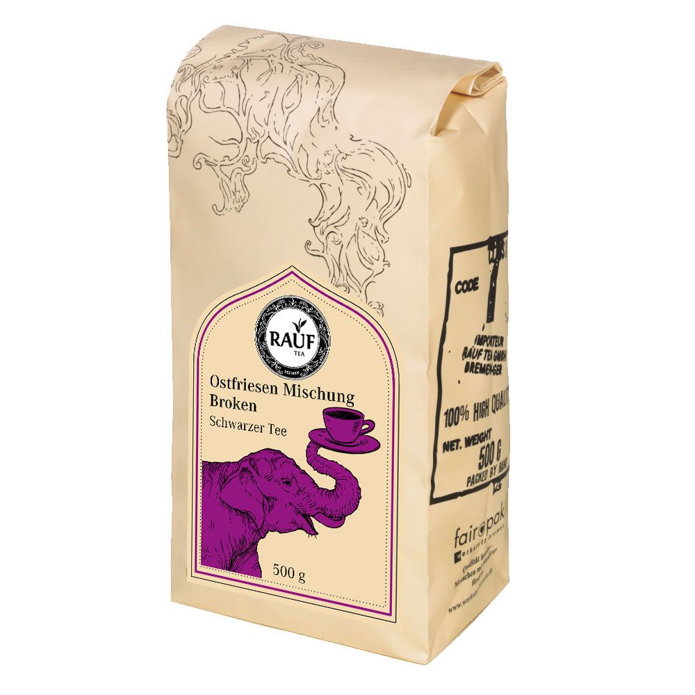 Beutel mit Rauf Tee Ostfriesen Mischung Broken. Aufdruck mit Elefanten-Illustration und Tasse. 500g Netto-Gewicht.