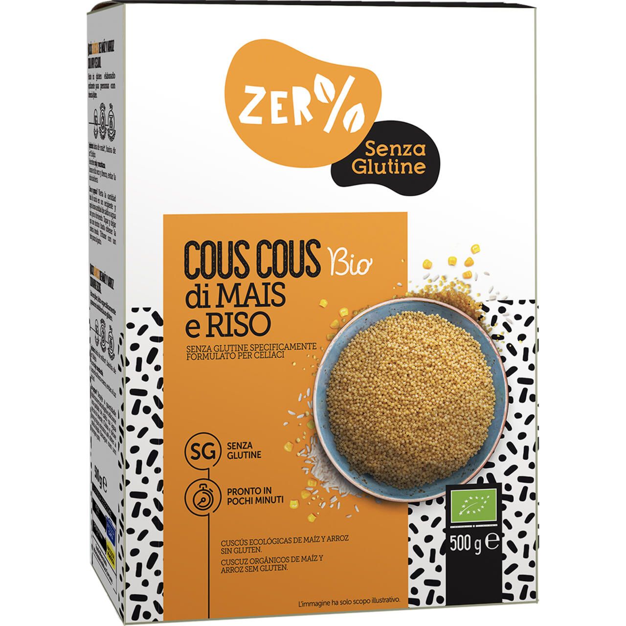 Confezione di cous cous di mais e riso. Scritta: Senza Glutine, Bio. Logo bio UE e 500g.