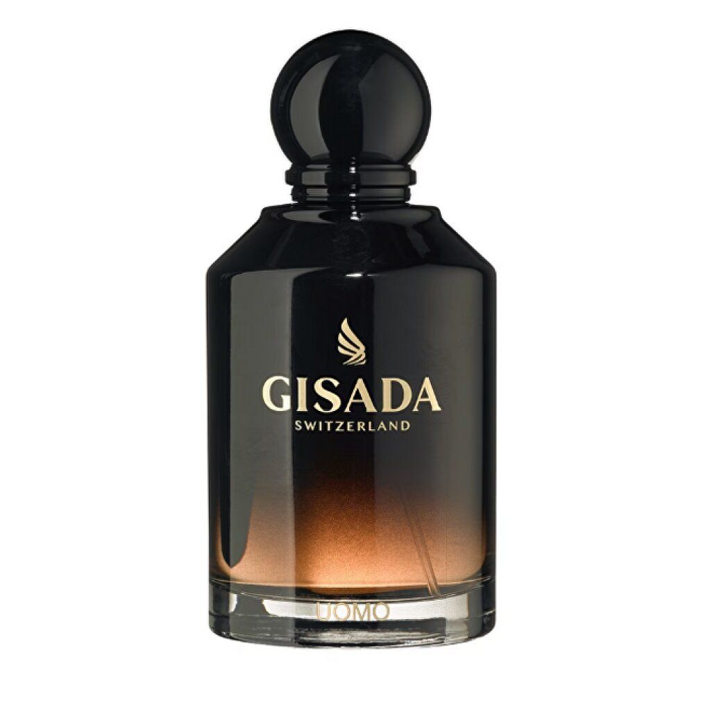 Gisada Uomo Eau de Parfum Flakon mit schwarzem Verschluss und goldener Schrift.