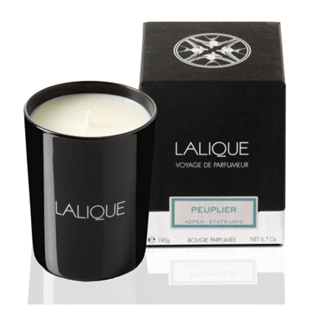 Schwarzer Kerzenhalter mit Kerze und Verpackung. Aufschrift: LALIQUE, PEUPLIER, Bougie Parfumée. Gewicht: 190g, Net 6.7 Oz.
