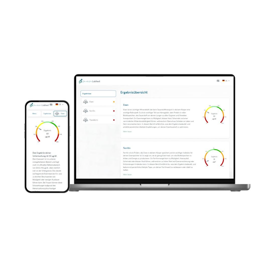 Laptop und Smartphone mit Testergebnissen. Grafische Darstellung der Ergebnisse. Logo meinLabtest.