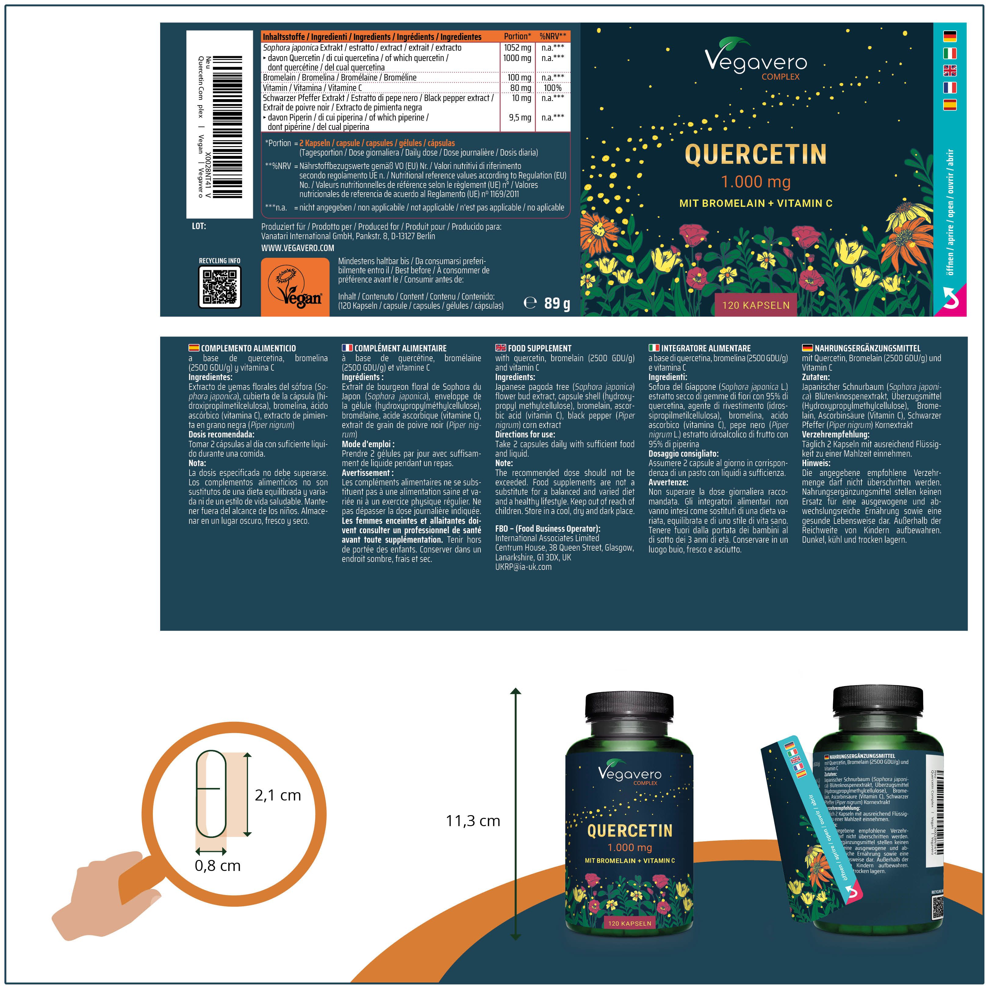 Produktverpackung mit Flaschenabbildung und Produktinformationen. Enthält Angaben zu Inhaltsstoffen und Nährwerten. Vegavero.