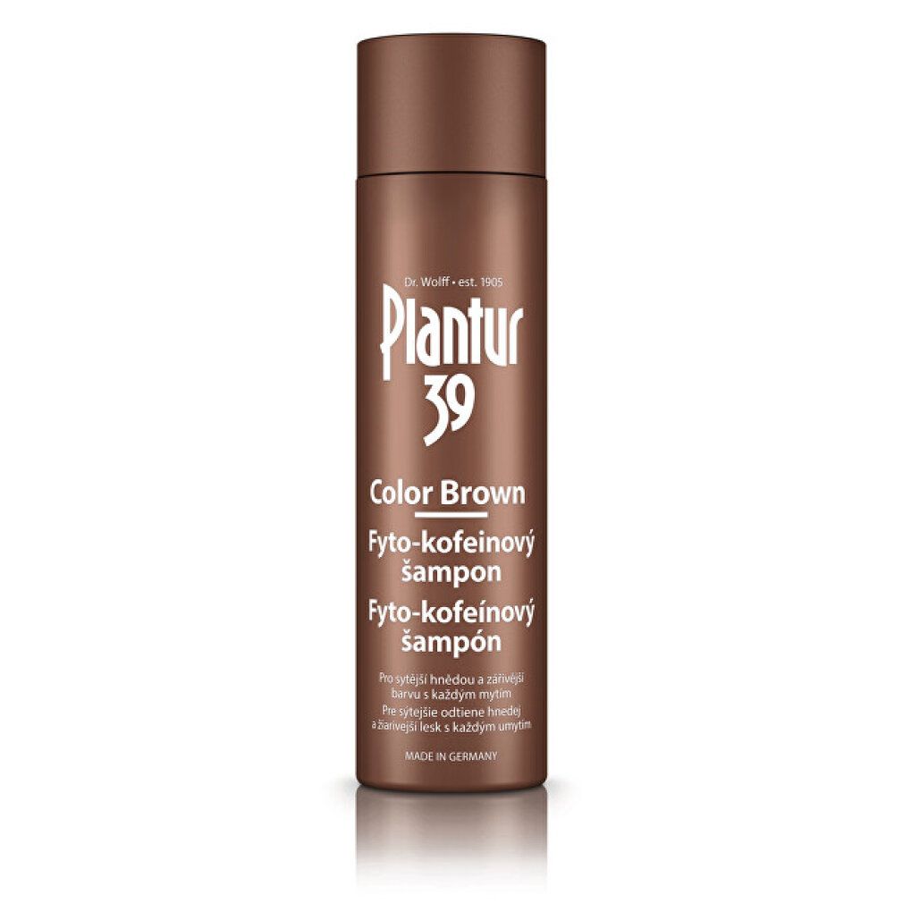 Braune Shampoo-Flasche. Plantur 39, Color Brown, Fyto-kofeínový šampon. Text auf der Flasche.