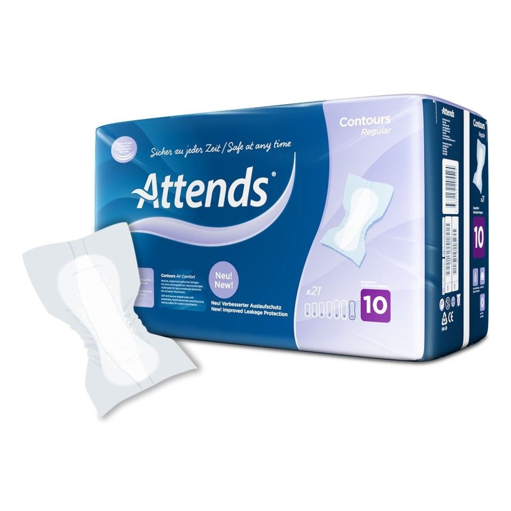 Attends Contours Regular 10. Packung mit 21 Einlagen. Einzelne Einlage daneben. Blaue Verpackung mit Produktnamen und Logo.
