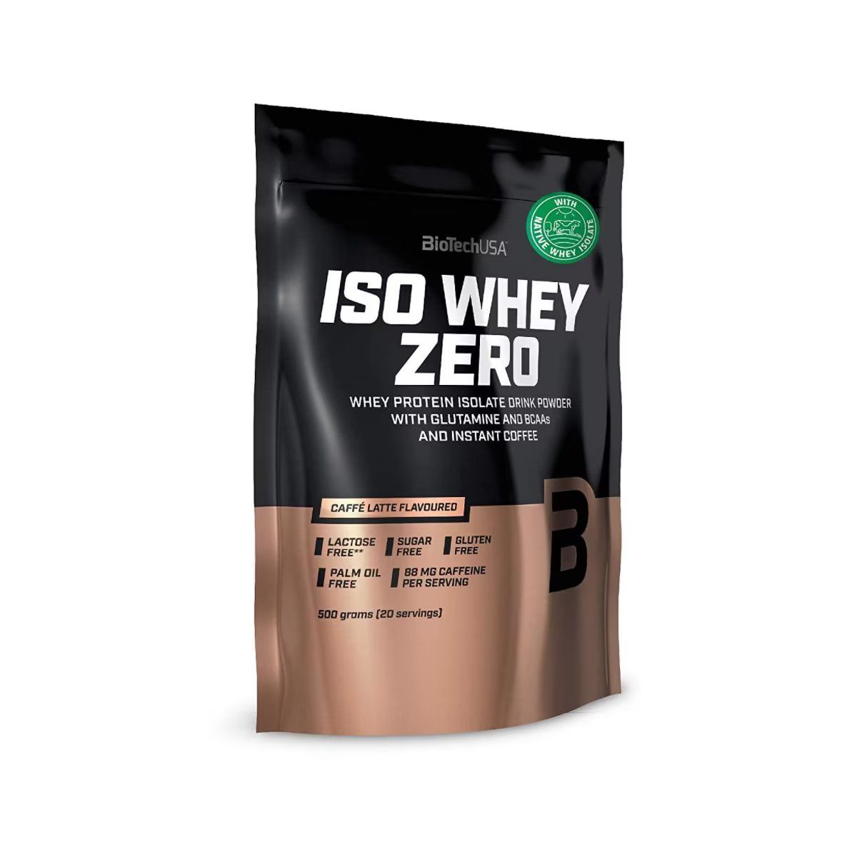 Beutel mit Biotech Iso Whey Zero. Schwarzes und kupferfarbenes Design. Enthält 500g. Mit Aufdrucken zu Laktose, Zucker und Koffein.