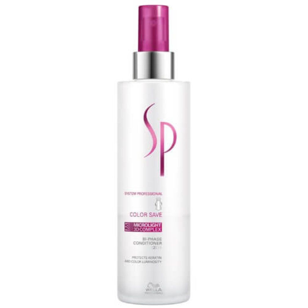 Weißes Spray mit pinkfarbenem Sprühkopf. Aufschrift SP, COLOR SAVE, 2-Phasen-Conditioner. Marke Wella.