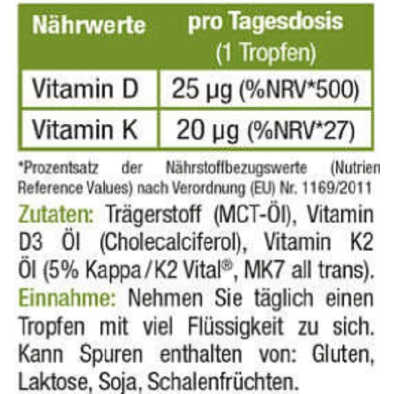 Nährwerttabelle mit Vitamin D und K-Werten pro Tagesdosis. Enthält Zutaten wie MCT-Öl, Vitamin D3 und K2. Einnahme: 1 Tropfen.